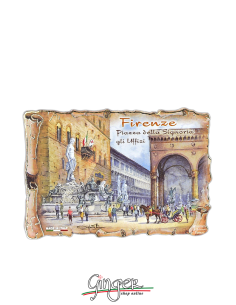 Wooden magnet with drawings by Poliziano - Florence: Piazza della Signoria