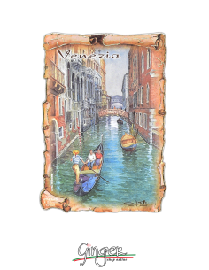 Wooden magnet with drawings by Poliziano - Venice: Gondola and Bridge of Sighs