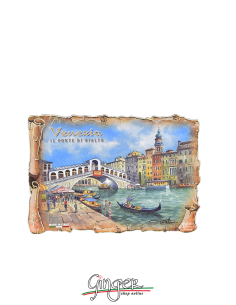 Wooden magnet with drawings by Poliziano - Venice: Rialto Bridge