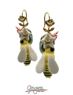 Aurora's Ceramic: Pendant earrings with Bees, Flowers and...