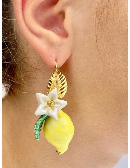 Cloisonne Enamel Lemon Blossom Earrings * Italian high quality Lemons * Sicilian Lemons * Summer Earrings