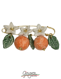 Golden brooch with Oranges, Flowers and hanging Leaves