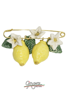 Golden brooch with Lemons, Flowers and hanging Leaves