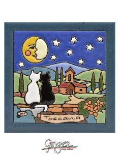 Mattonella in ceramica dipinta a mano e smaltata - Toscana: i Gatti (11x11 cm)